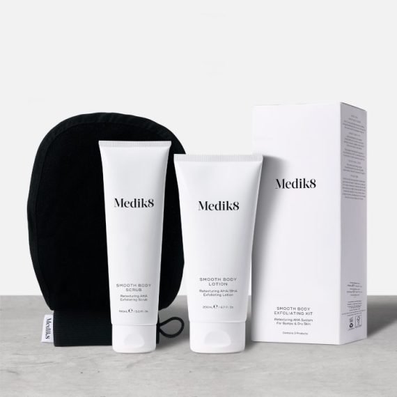Medik8® • Smooth Body Exfoliating Kit • Peeling do ciała 150ml + Balsam do ciała 200ml + Rękawica do masażu - obrazek 2