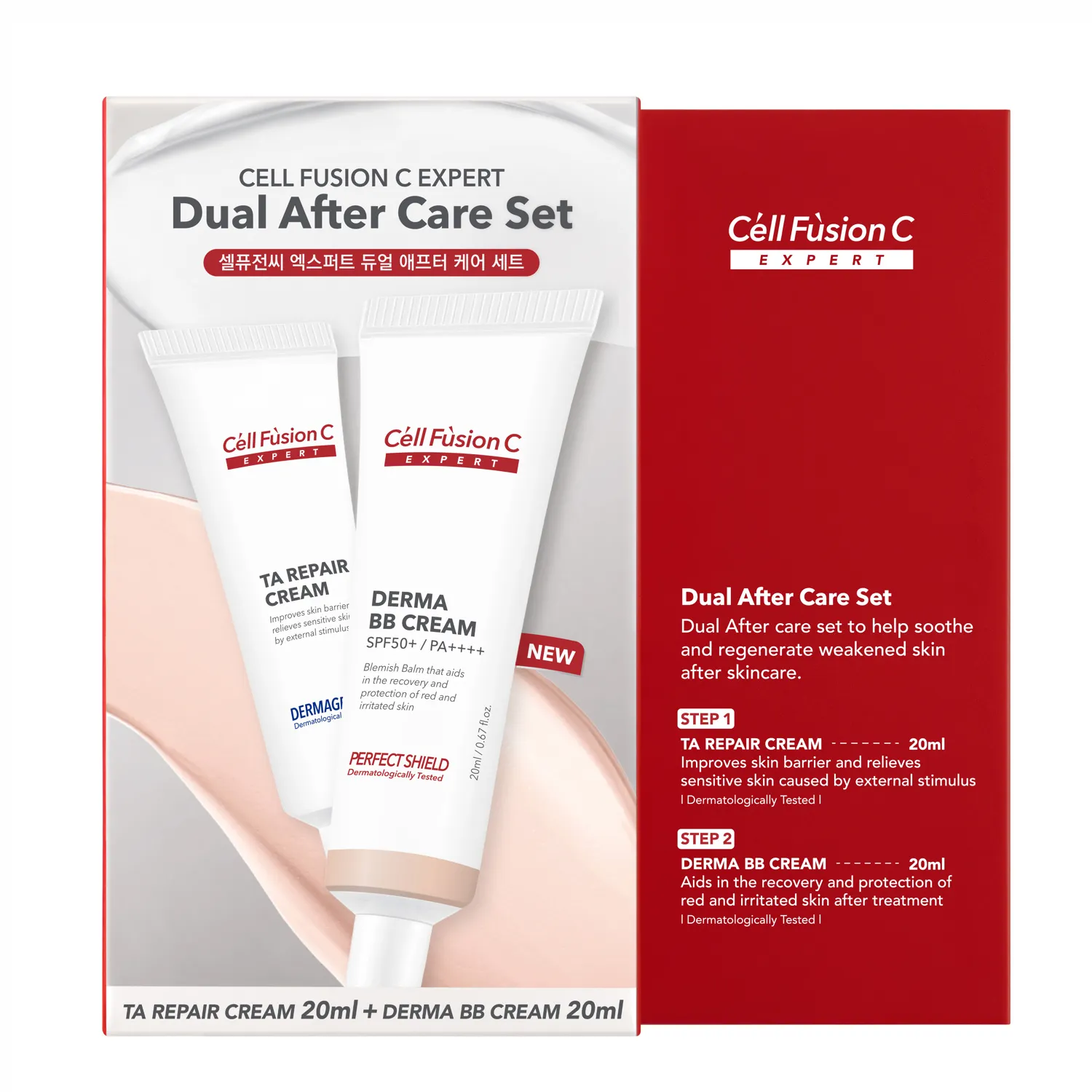 Cell-Fusion-C-Dual-After-Care-Set-Zestaw-Pozabiegowy-Krem-Regenerujacy-Krem-Regenerujaco-Kryjacy-BB-SPF50-20ml-20ml Cell Fusion C® Expert • Dual After Care Set • Zestaw pozabiegowy, Krem regenerujący + Krem regenerująco-kryjący BB SPF50+ • 20ml + 20ml - obrazek 1