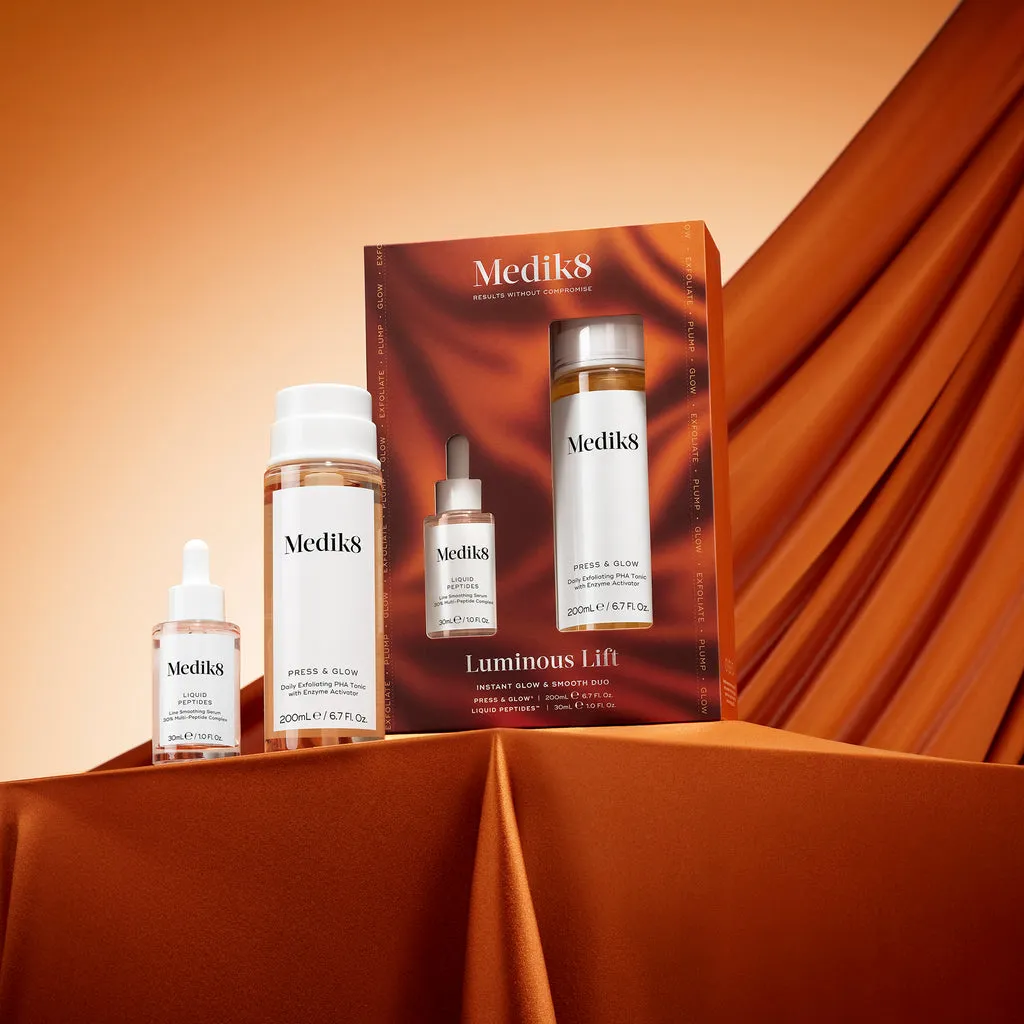 Medik8-Luminous-Lift-Zestaw-Press-Glow-200ml-Liquid-Peptides-30ml Medik8® • Zestaw Luminous Lift • Press & Glow™ • 200ml • Liquid Peptides™ • 30ml - obrazek 1